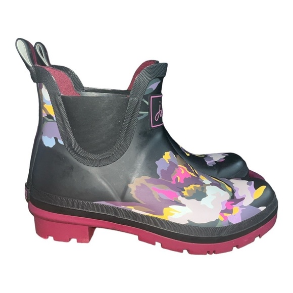 Joules Black & Hot Pink Floral Wellibob Chelsea Rain Boot Women’s Size 5 - Picture 1 of 6